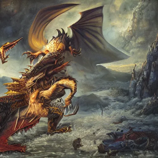 Image similar to a detailed oil painting of an action filled scene depicting jordan peterson slaying a dragon with a sword