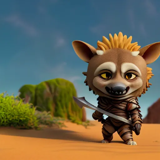 Prompt: antropomorphic medieval knight hyena warrior as nendoroid walking in a desert in the croods movie style, anime, disney, pixar, 8 k, hd, dof, kodak film, volumetric lighting, subsurface scattering, photorealistic, octane render, details