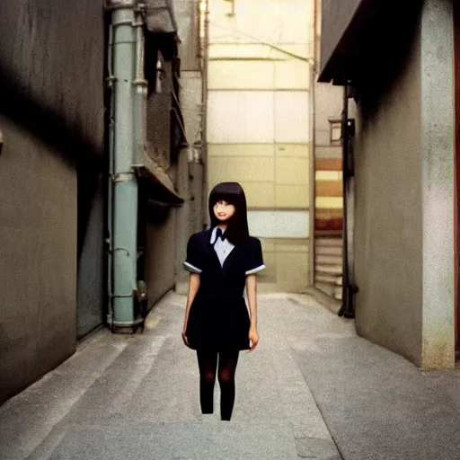 Image similar to a perfect 8K HD professional photo of close-up japanese schoolgirl posing in sci-fi dystopian alleyway, harsh light, at instagram, Behance, Adobe Lightroom, taken with polaroid kodak portra