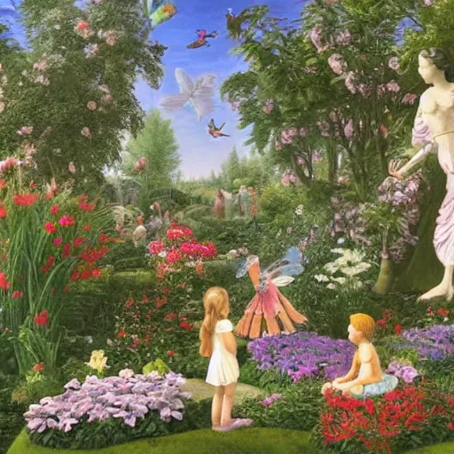 Image similar to a whimsical garden scene. In the art installation, a young girl can be seen playing among the flowers and trees, while a fairy watches over her. blueprint by Raphael Lacoste, by Kent Monkman ghastly