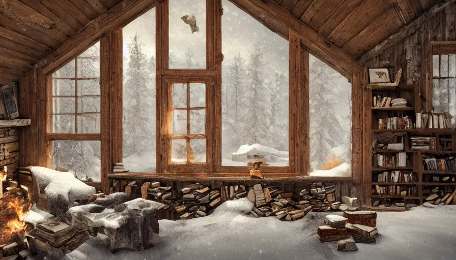 Prompt: Interior of an old cabin built in the snowy forest, small windows, fire in the fireplace, shelf of books, old couch, snowing outside, hyperdetailed, artstation, cgsociety, 8k