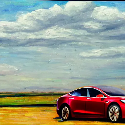 Image similar to a painting of elon musk driving a tesla the camera angle is just right and it's raining