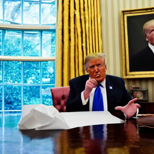 Prompt: candid portrait photo of president trump eating crumpled up wads of paper, oval office backlit