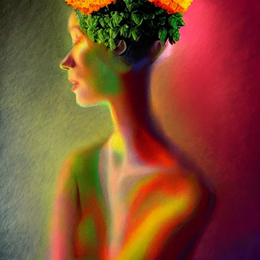 Image similar to huge flower as head, woman standing in a luxury apartment, surreal photography, dramatic light, impressionist painting, digital painting, artstation, georgia o'keeffe