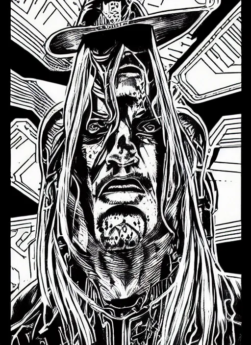 Image similar to the undertaker cyborg, portrait, cyberpunk 2 0 2 0 manual, by steampoweredmikej, inktober, ink drawing, black and white, coloring pages, manga, highly detailed