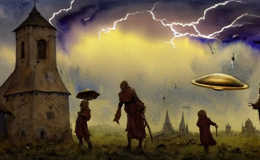 Prompt: a hyperrealist watercolor concept art of an elegant alien and a golden ufo in the sky above a small medieval town during a thunderstorm. a dirty medieval peasant child is in the foreground pointg up at the sky. very muted colors, by rebecca guay, michael kaluta, charles vess. high detail, hq, wide shot, 4 k