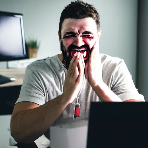 Image similar to a man with bloodshot eyes pointing at his computer screen and laughing