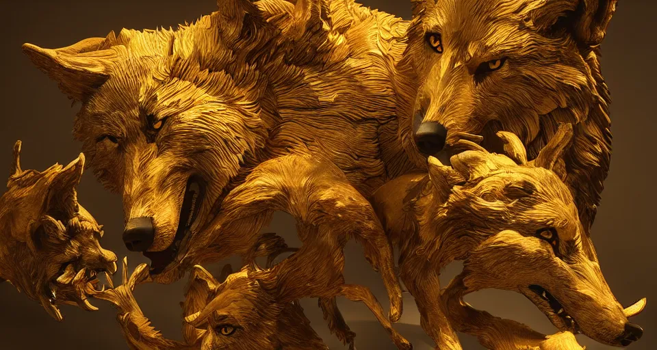 Prompt: wolves and their treasures - golden sculptures - dramatic lighting, trending on artstation, highly detailed render by studio ghibli