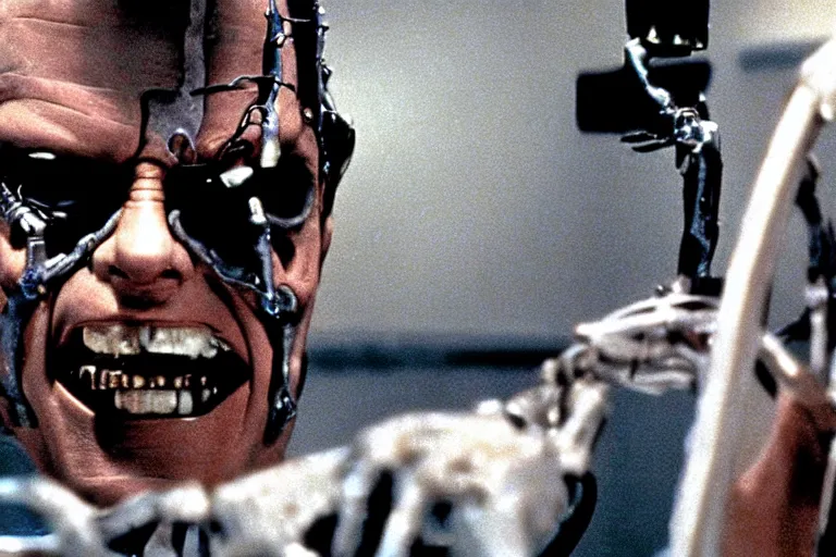 Image similar to Jack Nicholson plays Terminator, scene where his endoskeleton gets exposed, still from the film