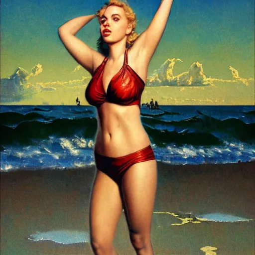 Prompt: Portrait still photograph of Scarlett Johansson wearing a swimsuit at the beach by Norman Rockwell, detailed, textured, golden hour, beach setting, medium shot, mid-shot, trending on Artstation