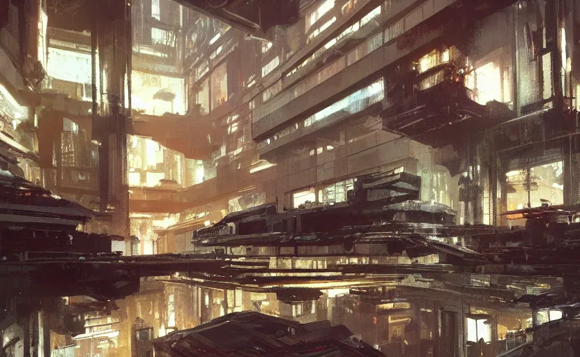 Prompt: looking up at a luxury high tech loft interior, painting by Craig Mullins, interior design, octane rendering, warm moody lighting, wide angle lens, low view, in the style of blade runner