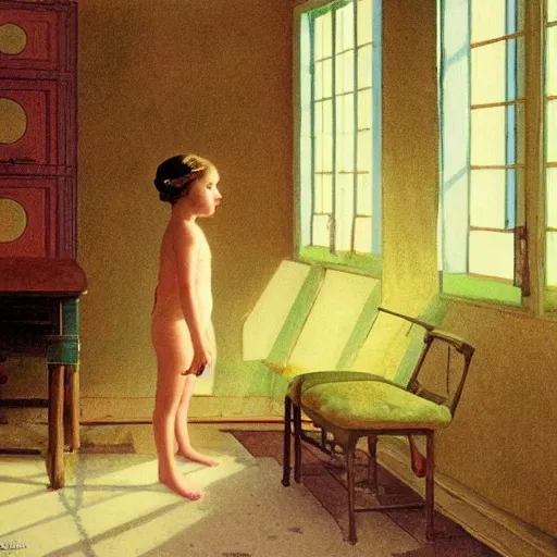 Image similar to an ivory girl in an soviet golden liminal abandoned room, film still by wes anderson, depicted by balthus, limited color palette, very intricate, art nouveau, highly detailed, lights by hopper, soft pastel colors