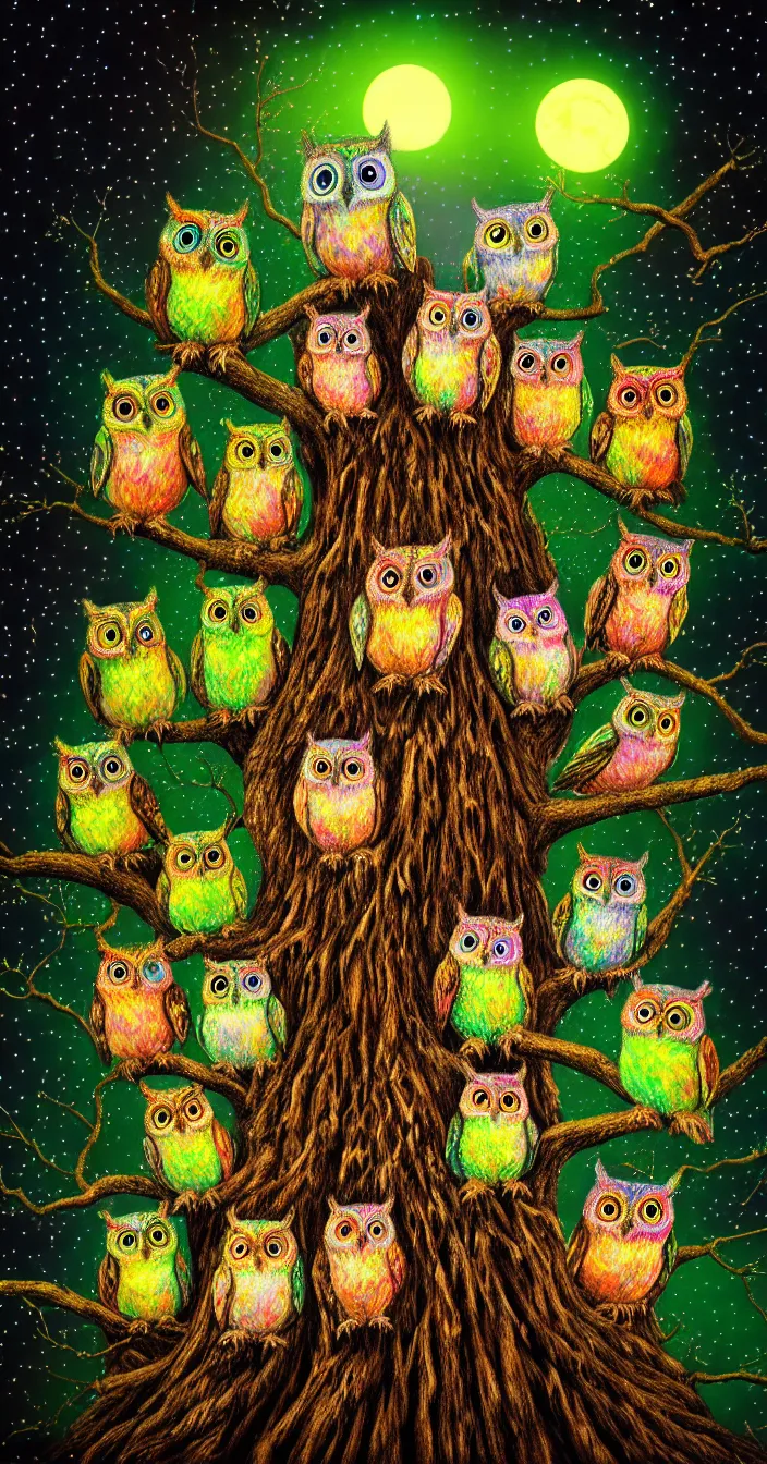 Prompt: realistic photo of too many small psychedelic owls sitting on big tree at night, very sharp focus, dark background, very hyper realistic, highly detailed, fantasy art station