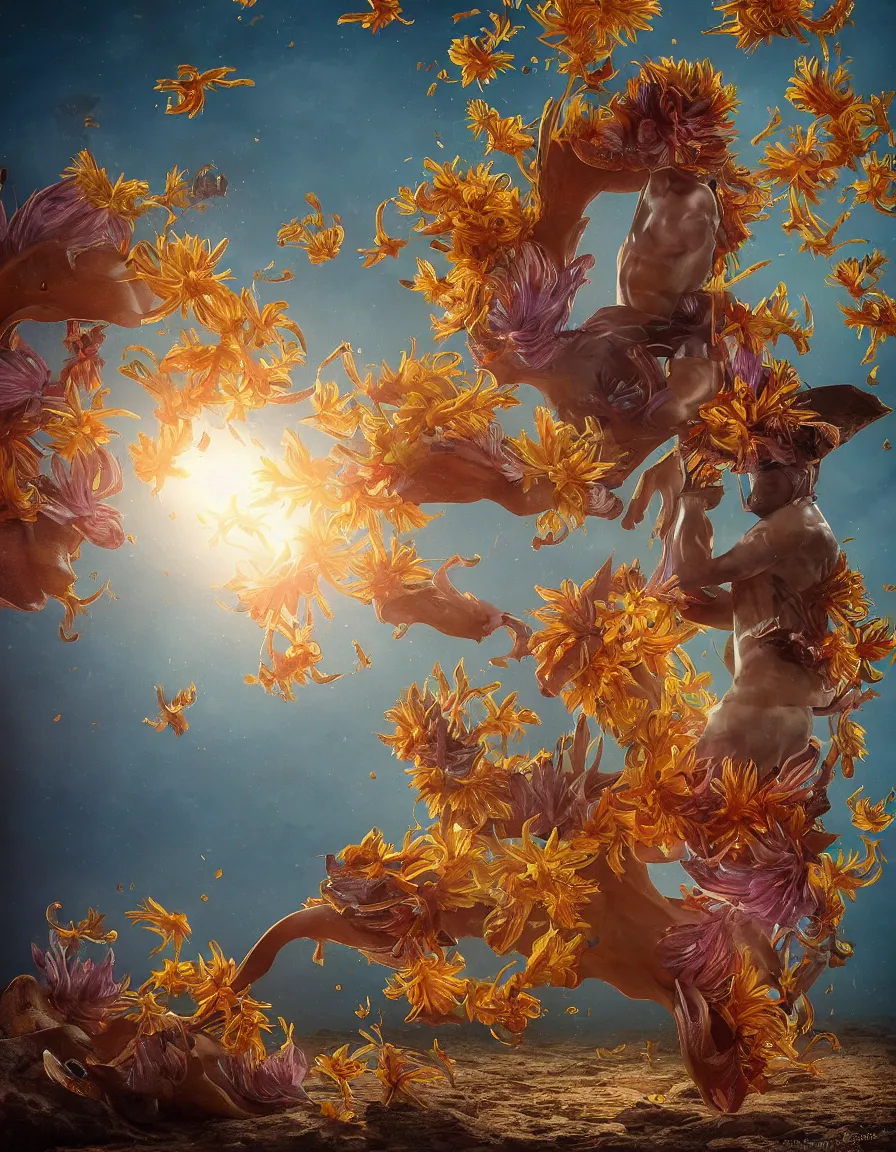 Image similar to a cowboy turning into blooms in real life. tropical sea slugs. bold complementary colors. volumetric lighting, beautiful, golden hour, sharp focus, ultra detailed. by leesha hannigan, ross tran, thierry doizon, kai carpenter, ignacio fernandez rios, noir art house, 4 k, 3 5 mm, fujifilm, sculpture by antonio canova