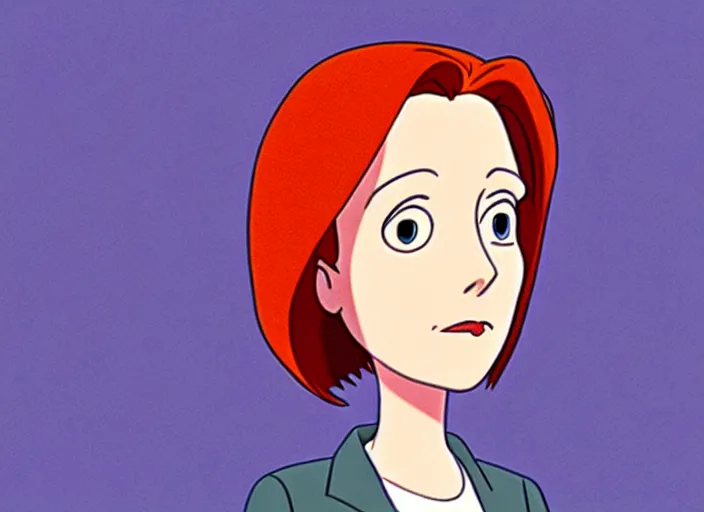 Prompt: an animation still of dana scully, in the style of studio ghibli, netflix animation, toei animation, filmation animation, traditional animation, sharp detail, animation cel, 2 - level shading