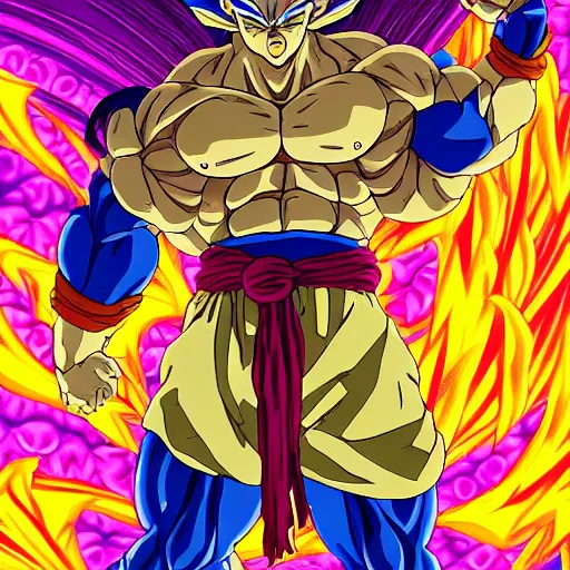 Prompt: 4K headshot of godlike Saiyan with defined arms, monkey tail and open hands and bloody clothes with vibrantly colored giant mandala wings , intricate and symmetrical defined face , flawless anime cel animation by Kentaro Miura and Akira Toriyama , psychedelic , highly detailed upper body , professionally post-processed , beautiful, scary, symmetry accurate features, epic, octane rendered, anime masterpiece, accurate