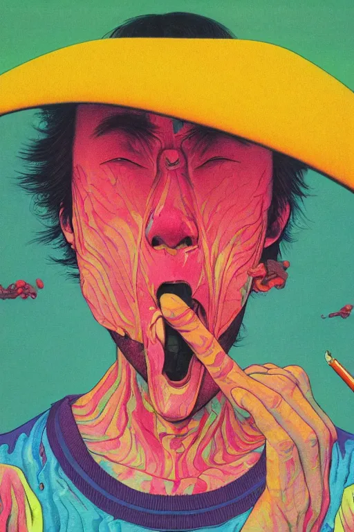 Prompt: a colorful vibrant closeup portrait of a ballet dancer licking a tab of lsd acid on his tongue and dreaming psychedelic hallucinations, by kawase hasui, moebius, edward hopper and james gilleard, zdzislaw beksinski, steven outram colorful flat surreal design, hd, 8 k, artstation