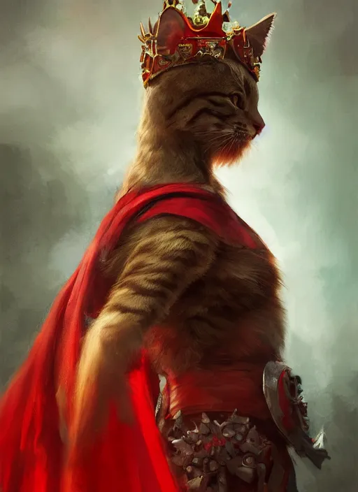 Image similar to side profile of a cat king wearing a crown and red cape, fantasy, digital painting, volumetric light, intricate, sharp, focus, bloom, illustration, highly detailed, concept art, matte, ruan jia, randy vargas, greg rutkowski