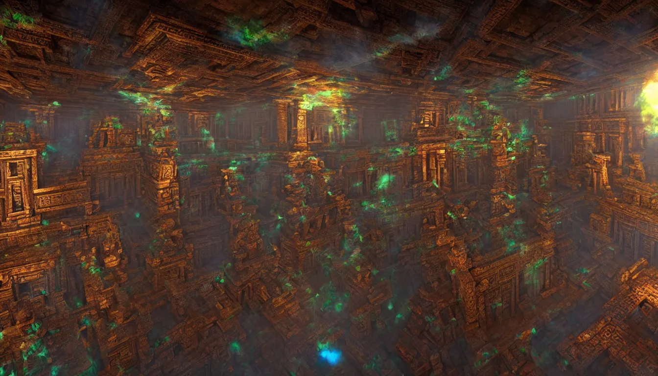 Prompt: ancient mayan temple halls , side-scrolling 2d platformer game level, glittering dust in the air illuminated by the dusk sun through the ceiling cracks, fantasy gigantic religious totem ruins with intricate mayan glyphs, volumetric light , detailed carved ornaments, rich color, upscale , 8k