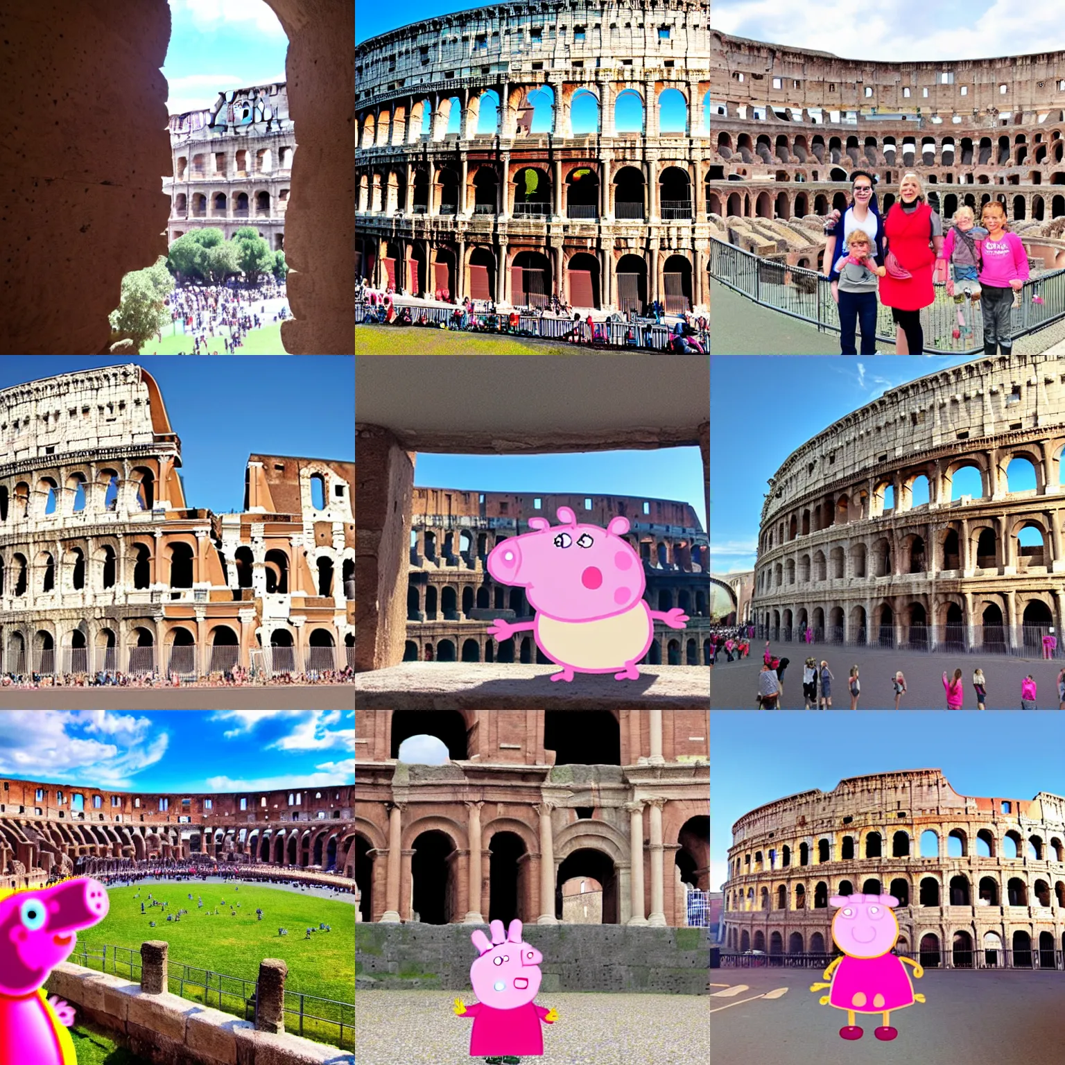 Prompt: colosseum with peppa pig in every window