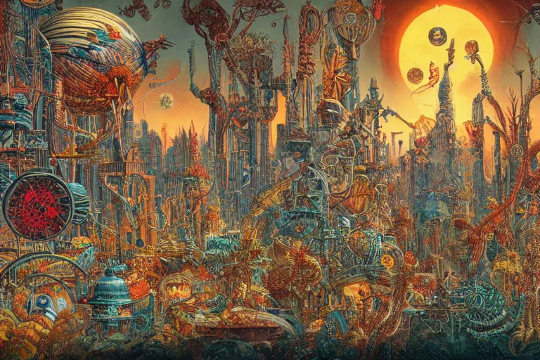 Image similar to warm colors, future cityscape by Joe Fenton and Ernst Haeckel