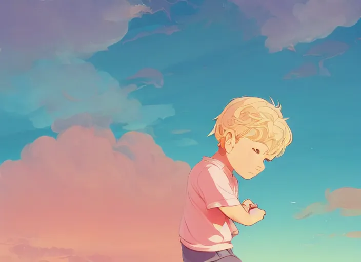 Image similar to a little boy with blonde hair sitting on a cloud in front of a pink and blue sunrise sky. clean cel shaded vector art. shutterstock. behance hd by lois van baarle, artgerm, helen huang, by makoto shinkai and ilya kuvshinov, rossdraws, illustration, art by ilya kuvshinov