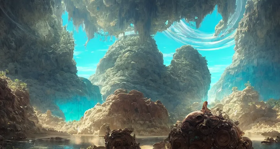 Image similar to a beautiful desert oasis!!!! with crystal clear water with an incomprehensibly large monster!!!! the size of a planet looking down from the sky, by wlop and peter mohrbacher, extremely detailed shading, concept art, digital painting, trending on artstation, unreal engine 5, octane render, atmosphere, glow, cinematic lighting