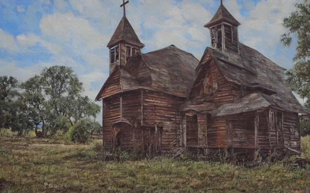 Image similar to an old wooden church rotting away in the bayou, realistic, oil painting, dynamic composition, ultra detailed