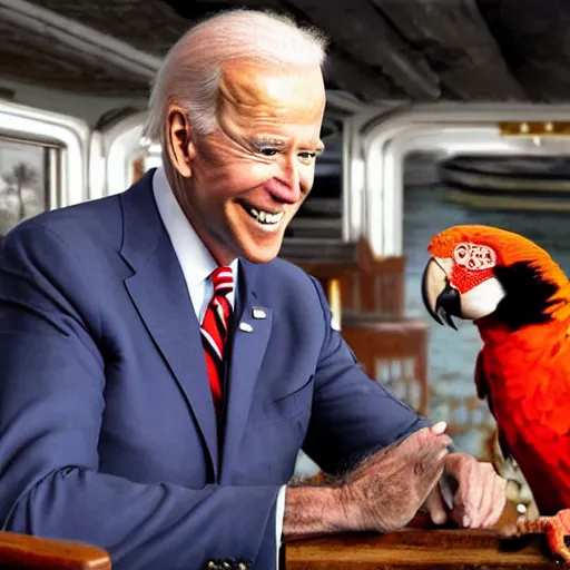 Prompt: Joe Biden as a pirate chasing his parrot on the main ship deck.