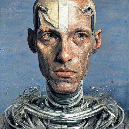 Image similar to portrait of a robot by lucian freud in the style of greg rutkowski