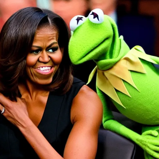 Image similar to Kermit and Obama kissing, Michelle Obama is in the background horrified