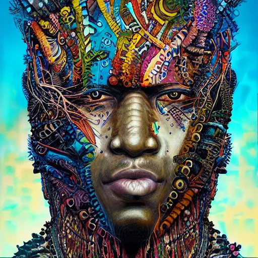 Image similar to a a portrait of an afro futuristic shaman with patterns by android jones