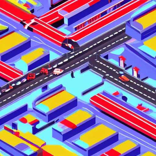 Prompt: colorful futuristic city full of cars bridges and people, isometric