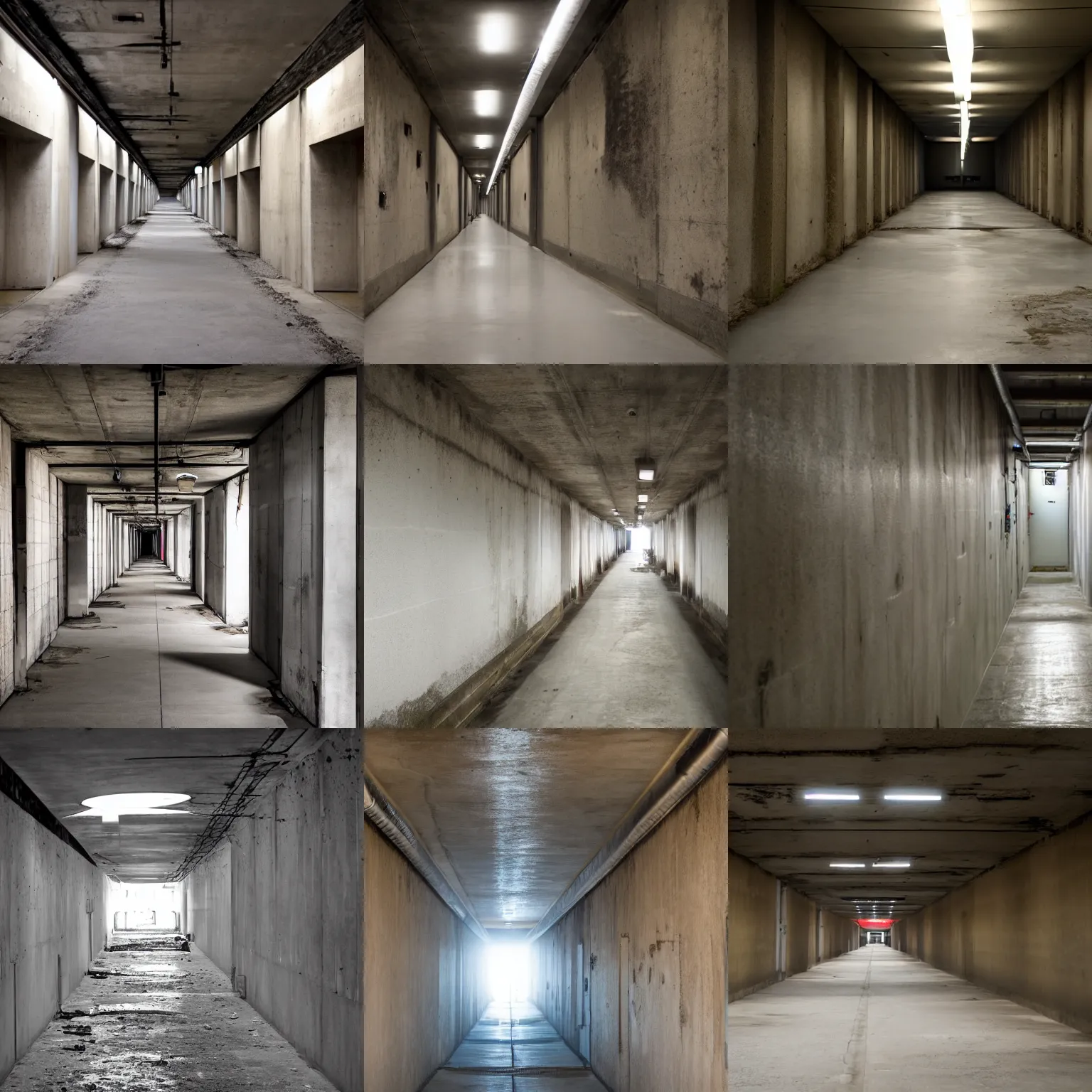 Prompt: inside some long, dim concrete maintenance hallways with steam pipes lining the walls and ceilings.