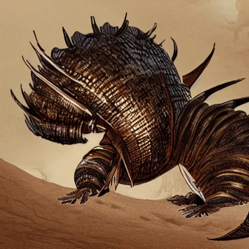 Image similar to fantasy drawing of a giant armadillio - like creature in the desert