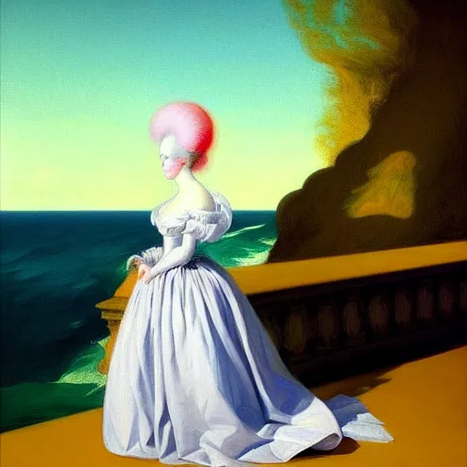 Prompt: A beautiful painting of Marie Antoinette levitating over the sea, digital art by Edward Hopper, vibrant color scheme, highly detailed, in the style of romanticism, fine Art, high detail, great lighting, 8k resolution, masterpiece, concept art, illustration, clear eyes, soft lighting, soft details, painting oil on canvas, octane render, HDR, trending on artstation, 4k, 8k, HD