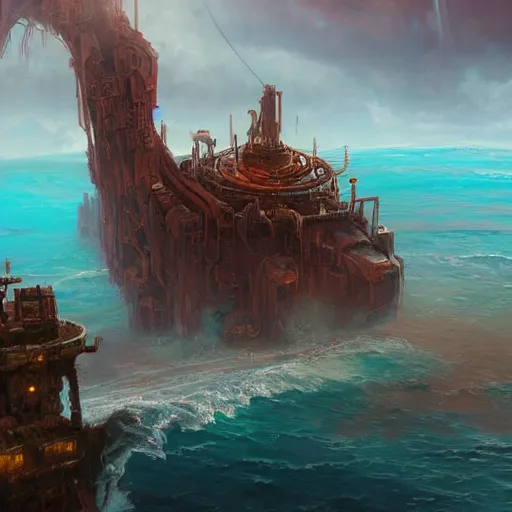 Image similar to a rust - colored terraforming tower jutting out of a vast ocean, sci fi concept art by tyler edlin, antoine blanchard, thomas cole