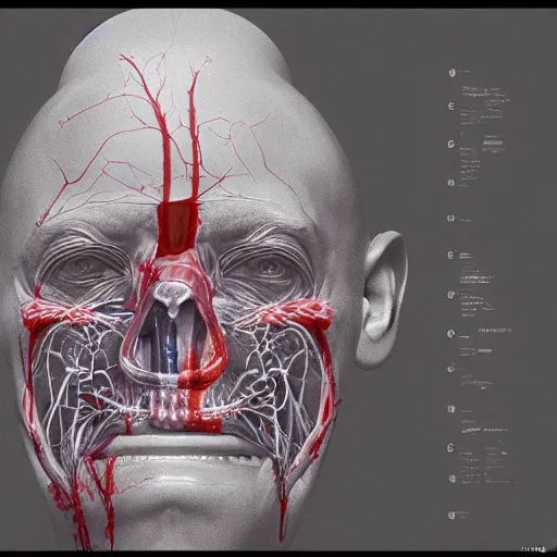 Image similar to a 3 d medical diagram of charles manson giving birth to ronald reagan, circulatory system and nerves, high definition, blender, perfect symmetry, by peter voss, by michelangelo, by zdzislaw beksinski, 8 k