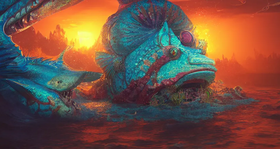 Prompt: a beautiful painting of a the fish god, gigantic, octane render, brilliantly coloured, intricate, ultra wide angle, trending on artstation, dusk, volumetric lighting, polished, micro details, ray tracing, 8k