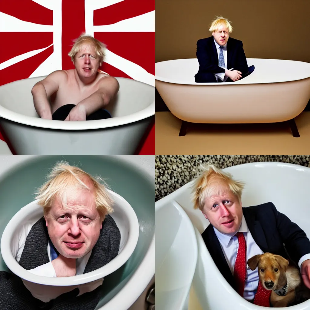 Prompt: Boris Johnson in a bathtub full of beans