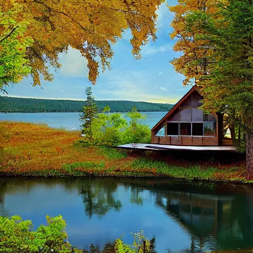 Image similar to cabin on a cliff overlooking a lake in a forest, Stephen youll