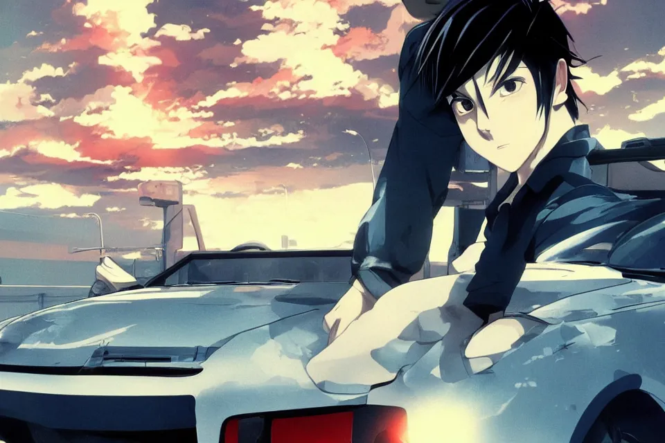 Image similar to aesthetic portrait illustration of ryosuke takahashi with black hair, dark blue shirt and white pants, standing by his white glossy mazda rx 7 on an empty highway at sunrise, cinematic lighting, initial d anime 1 0 8 0 p, 9 0 s anime aesthetic, volumetric lights, rule of thirds, unreal engine 5 render, pinterest wallpaper, trending on artstation