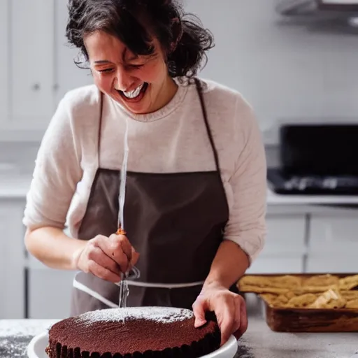 Prompt: an Happy woman making a chocolate cake