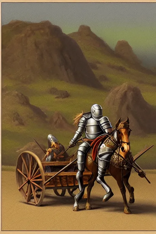 Image similar to a ( ( ( ( ( knight ) ) ) ) ) riding a wagon!!!!!!! by chris mcgrath and greg rutowski, muted colors, detailed