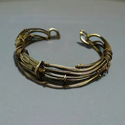 Prompt: poseidon cultists bangle, solid bronze wire, intricate poseidon style, ancient mediterranean jewelry, fine craftsmanship