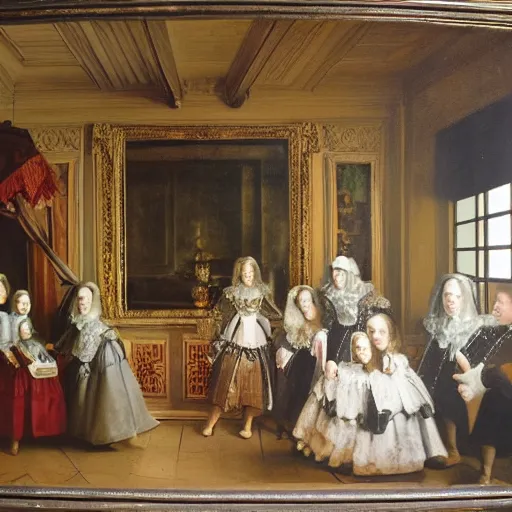 Image similar to super quality family portrait in the main room of the castle painted in 1 6 5 6, dark room, one point of light coming through the window inspired by las meninas, clear spaces between each subject and good detail and realistic eyes, faces for each person in the canva, inspired by diego velasquez baroque style