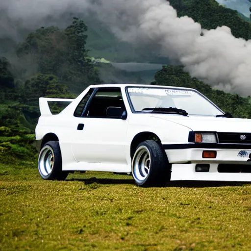 Prompt: Toyota AE86 Trueno white with black capo drifting through quindio\'s mountains with a cloud of white smoke coming out of the rear tires, photography, 8k
