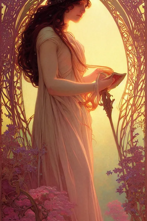 Prompt: portrait of a transcendental young fairy princess, d & d, fantasy, intricate, elegant, highly detailed, digital painting, artstation, concept art, smooth, sharp focus, illustration, art by artgerm and greg rutkowski, maxfield parrish and alphonse mucha, new art nouveau, tarot card