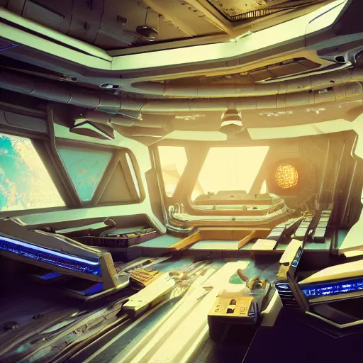 Image similar to interior of engineering section on a starship,, star - field and planet in the background, engine room, digital art, highly detailed, trending on artstation, octane render sci - fi