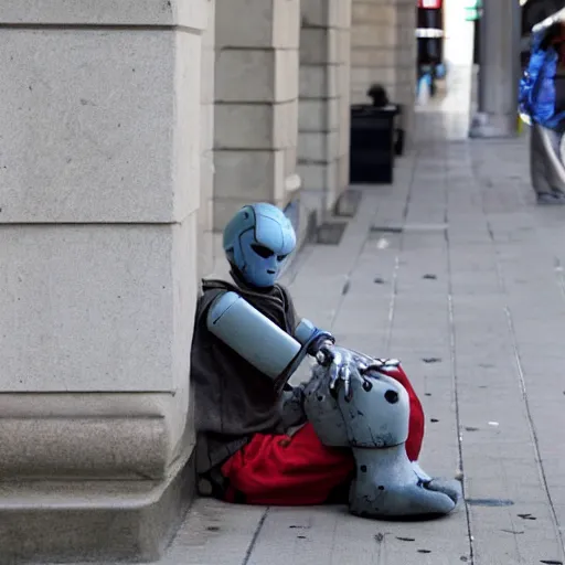 Image similar to homeless robot begging for money, pulitzer winner.